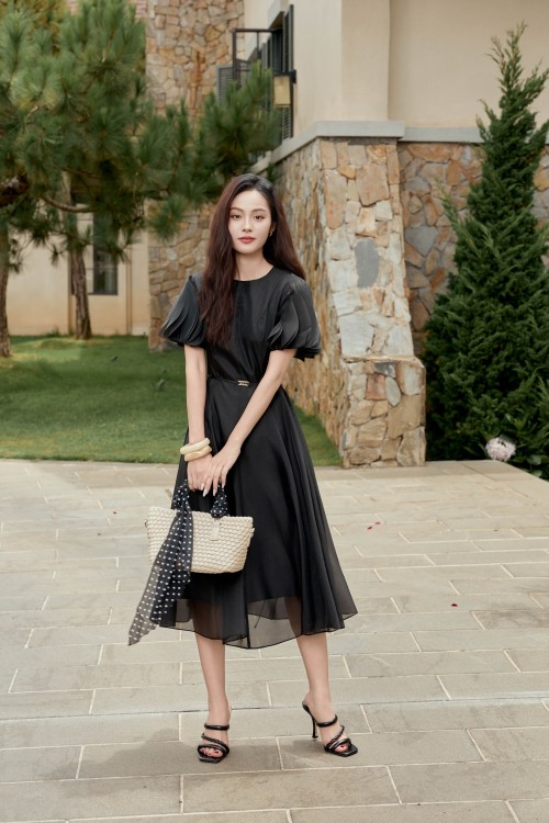 Sixdo Black Organza Flared Dress